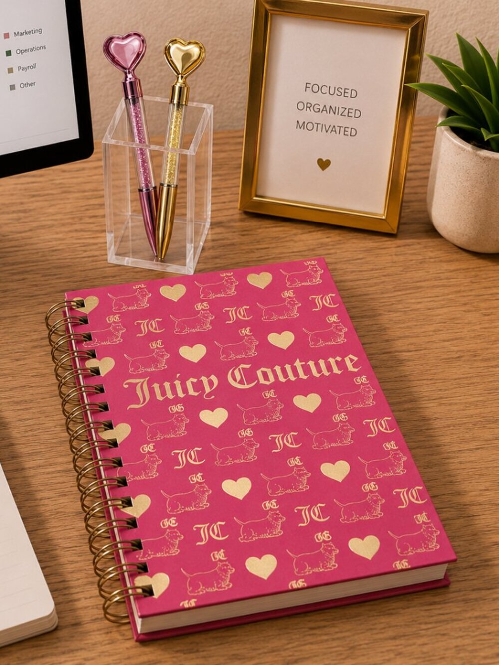 Juicy Couture Hot Pink Spiral Notebook/Journal with 2 Heart Pens